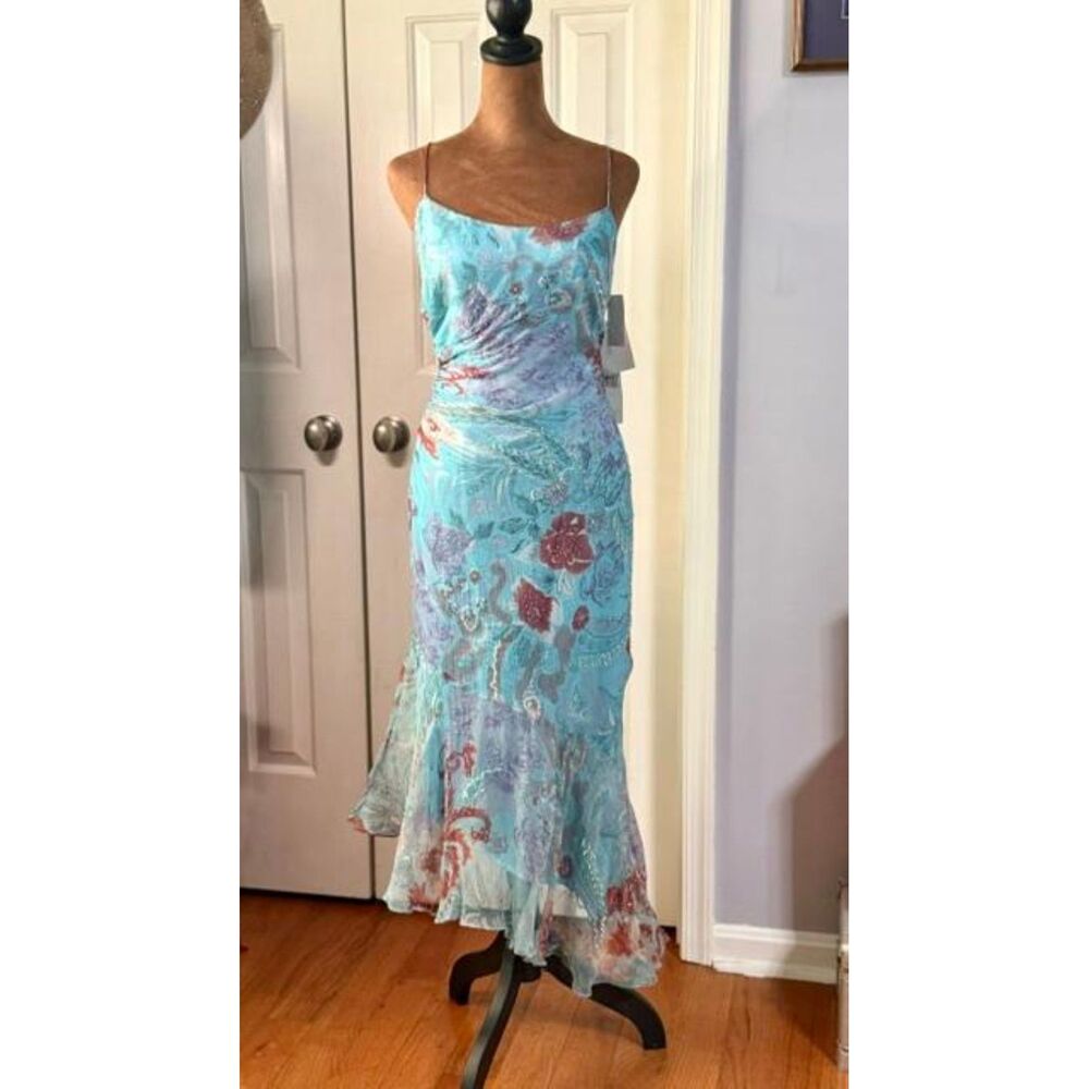 Vintage Y2K Rimini Beaded Floral Fairy Dress Blue Size 4P NWT High-Low